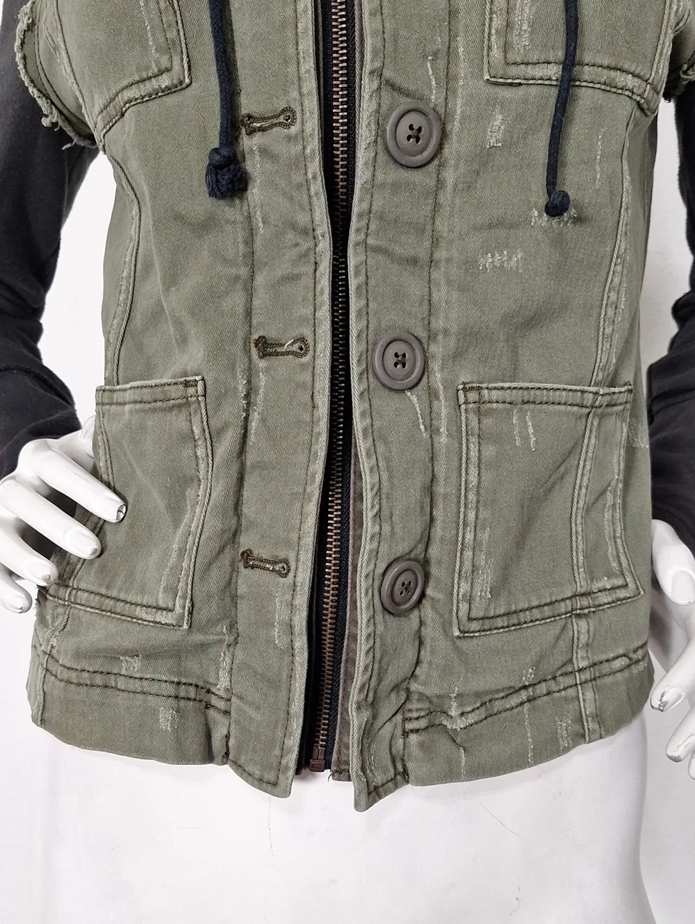 Free People Olive Green & Black Pieced Grunge Knit Hooded Twill Jacket Size XS